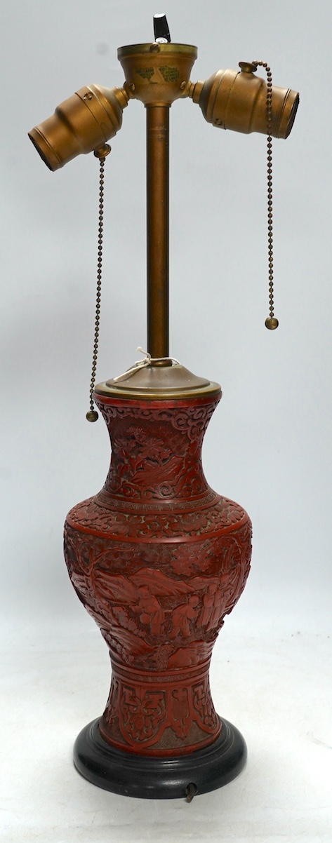 A 19th century Chinese cinnabar lacquer table lamp, 53cm high. Condition - good